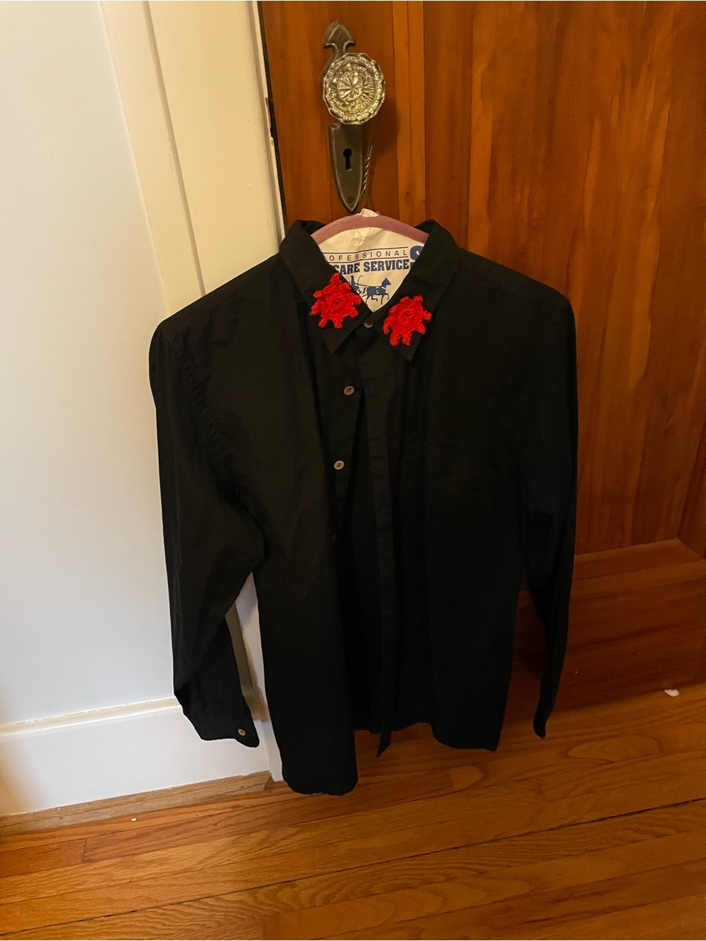 Comme des Garcons Black Button-Down Shirt with Red Felt Collar Appliqués vintage